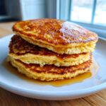 A tall stack of three fluffy almond flour pancakes drizzled generously with maple syrup on a white plate.