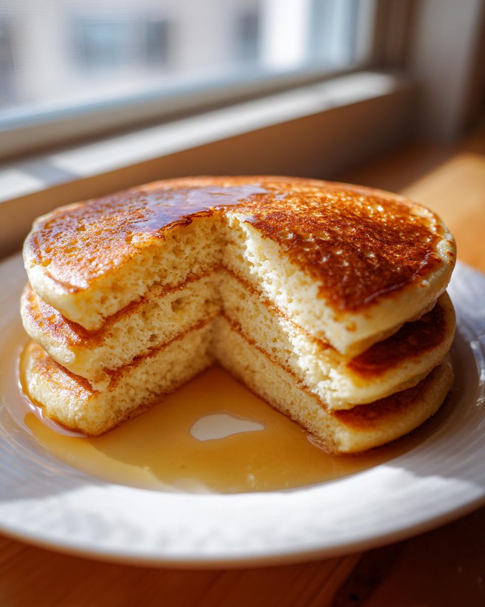 Close-up of a stack of three fluffy almond flour pancakes with a slice cut out, drizzled generously with maple syrup.