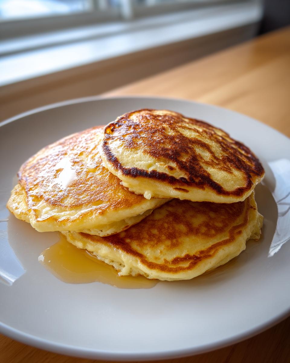 A stack of three golden brown, fluffy almond flour pancakes drizzled with syrup on a white plate.