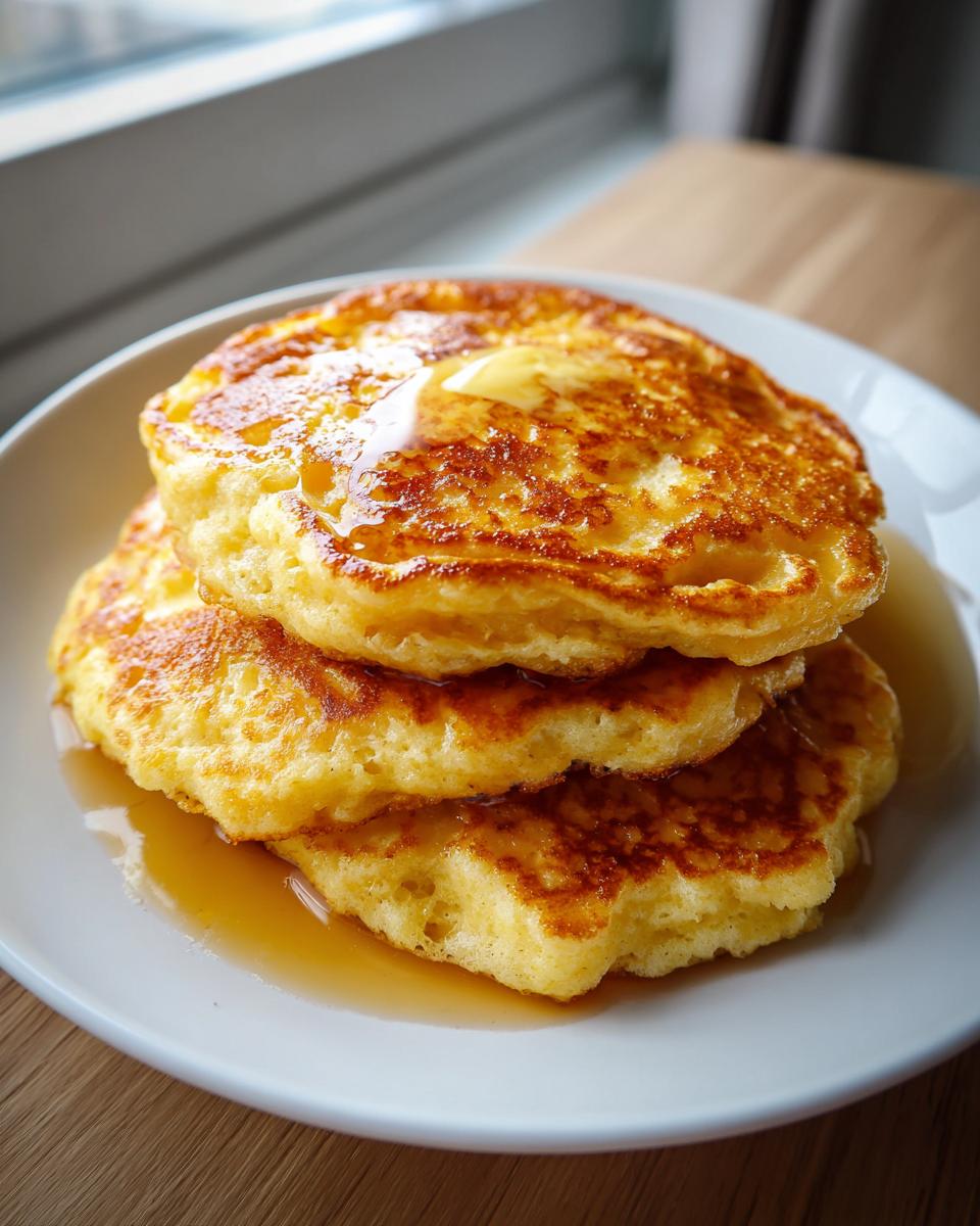 A stack of three fluffy almond flour pancakes topped with melting butter and drizzled with syrup.