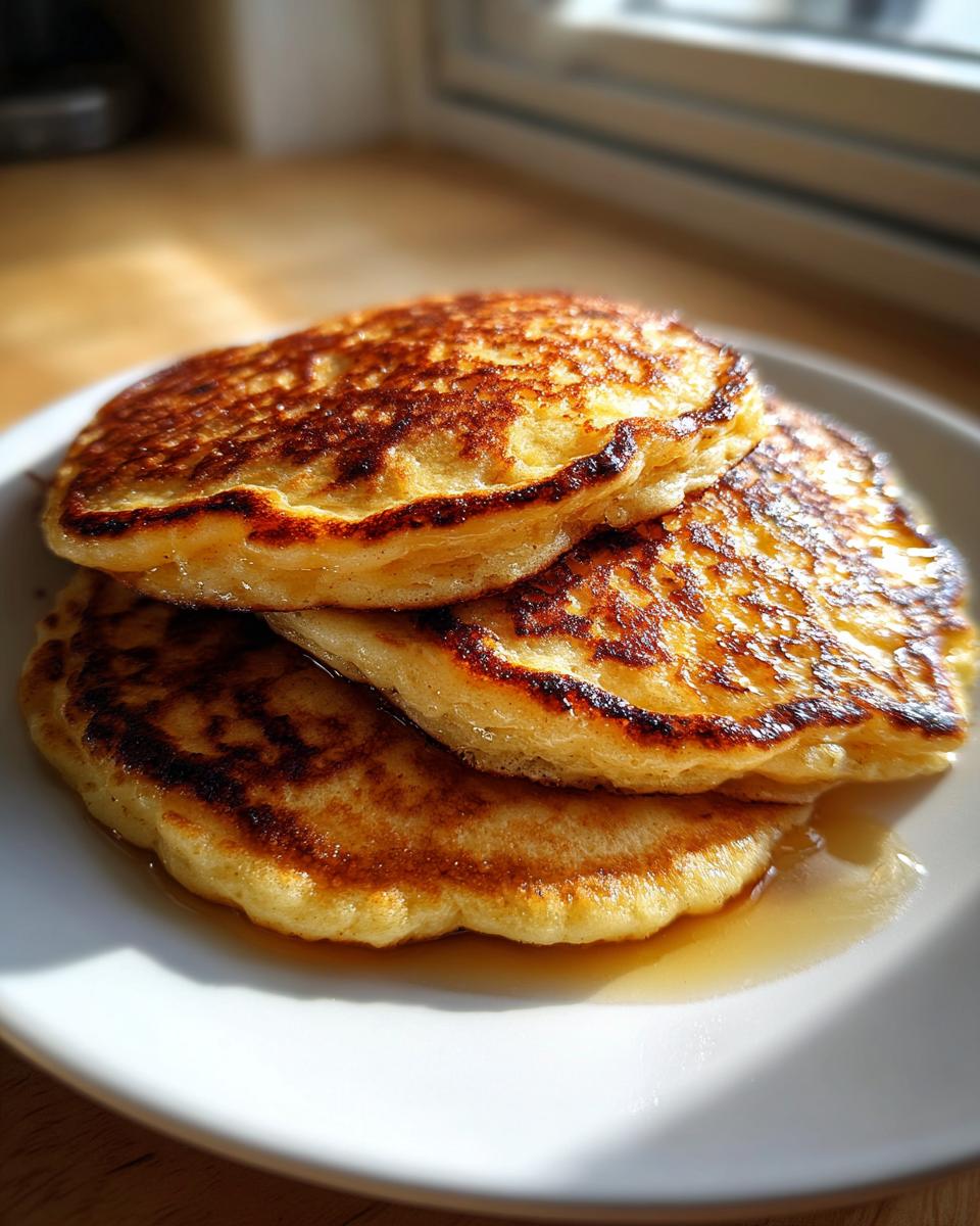 Close-up of three golden-brown, fluffy almond flour pancakes stacked on a white plate with syrup pooling underneath.