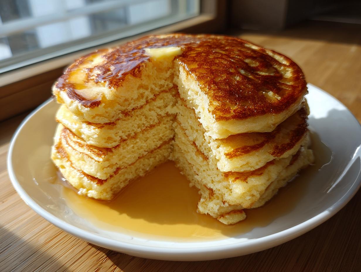 A tall stack of fluffy almond flour pancakes, cut to show the interior texture, topped with melting butter and syrup.