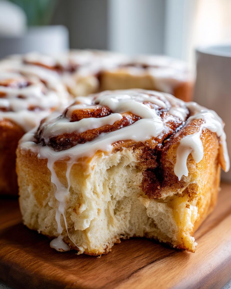 Close-up of a soft, fluffy cinnamon roll with thick white icing, showing the interior texture after a bite has been taken.