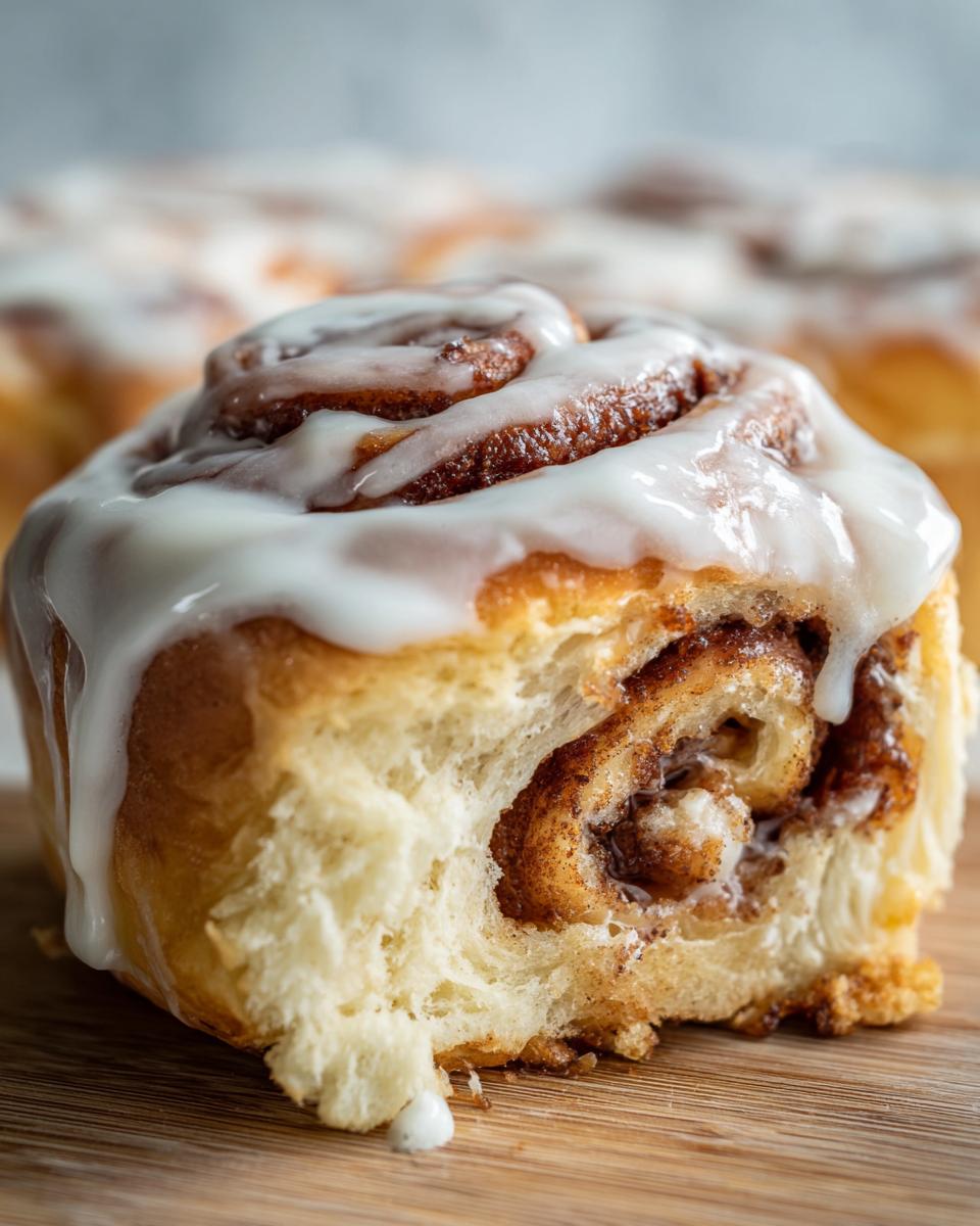 A close-up of a freshly baked, fluffy cinnamon roll generously topped with white icing, showing the swirl inside.