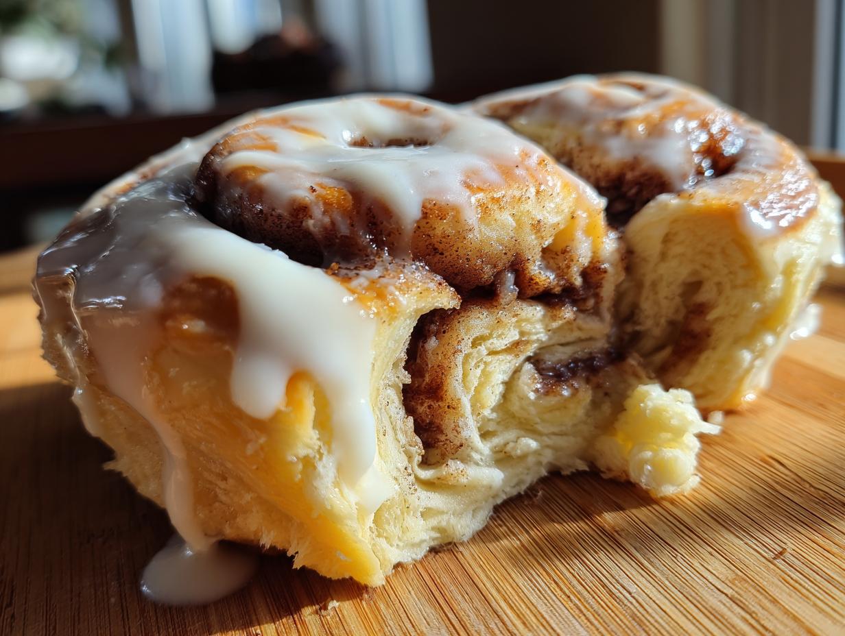 A close-up, featured image of a fluffy, freshly baked cinnamon roll covered in white icing, resting on a wooden surface.