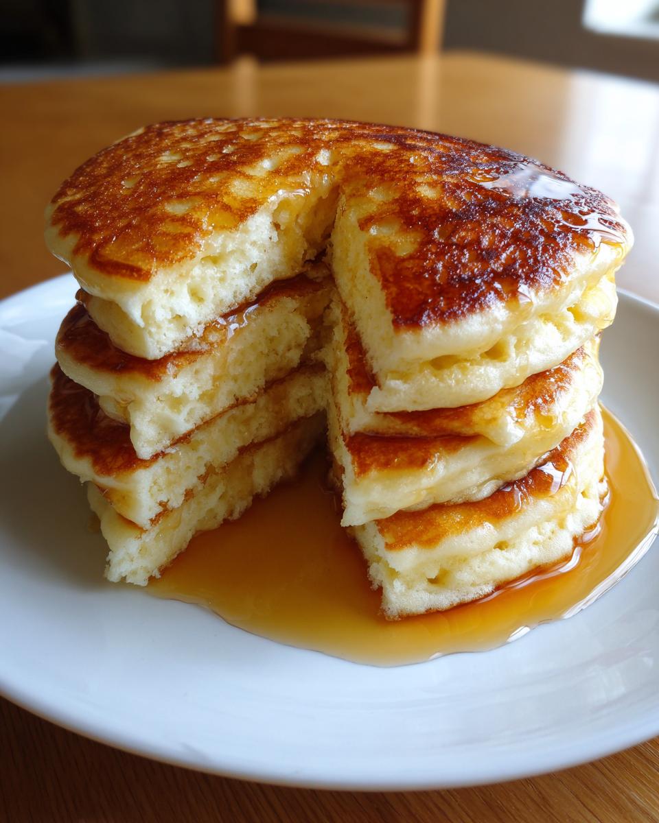 A tall stack of incredibly fluffy pancakes, cut to show the airy interior, drenched in maple syrup.