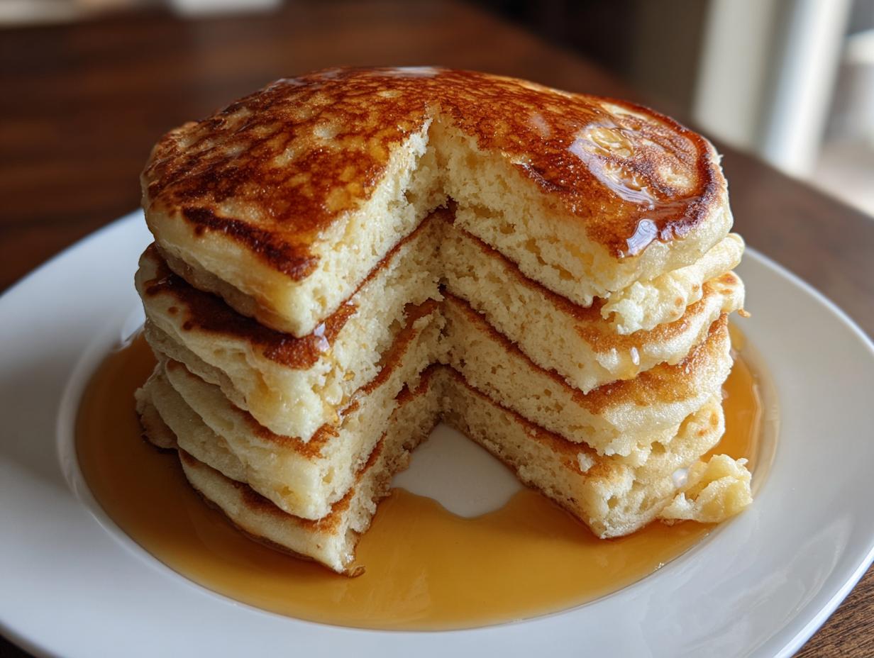 A tall stack of incredibly fluffy pancakes, cut to show the airy interior, drizzled with syrup.