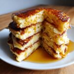 Close-up of a tall stack of fluffy pancakes cut in half, drenched in golden syrup.