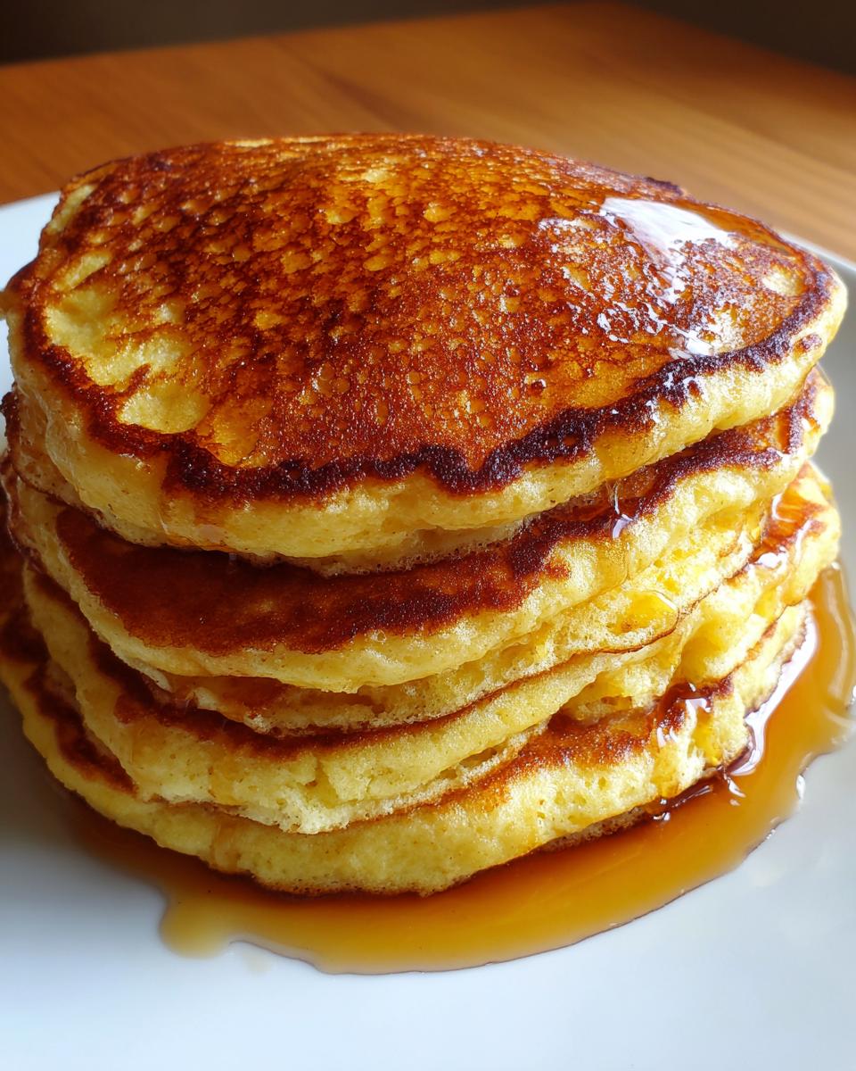 A tall stack of golden brown, fluffy pancakes covered in maple syrup.