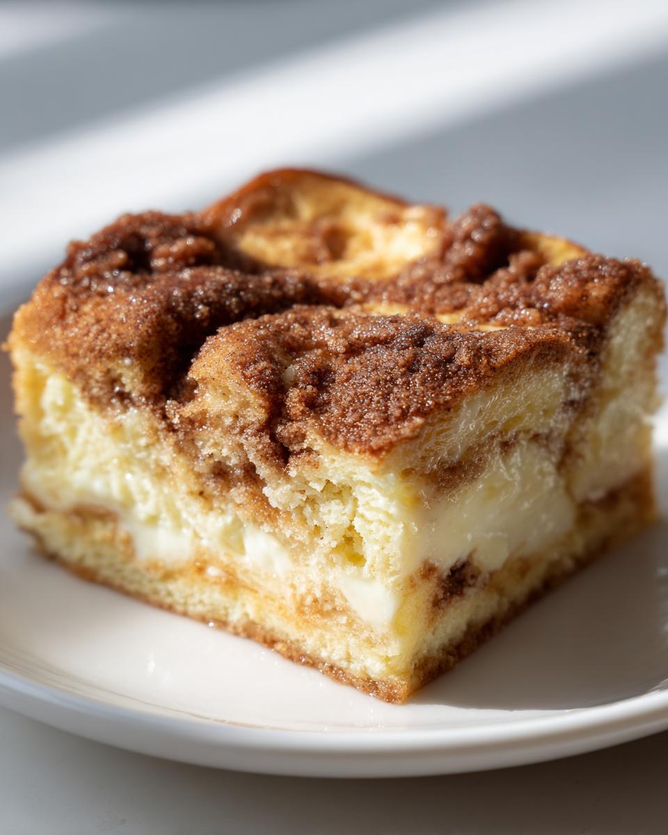 Close-up of a square slice of french toast casserole with a creamy center and cinnamon streusel topping.