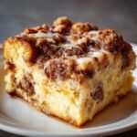 Close-up of a moist slice of french toast casserole topped with cinnamon streusel and vanilla glaze.
