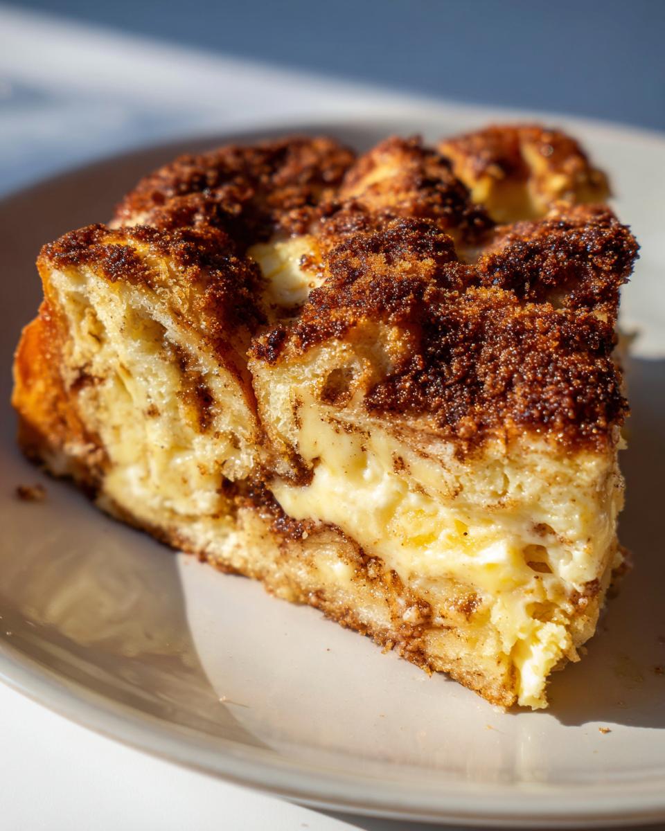 Close-up of a rich slice of french toast casserole with creamy filling and cinnamon streusel topping.