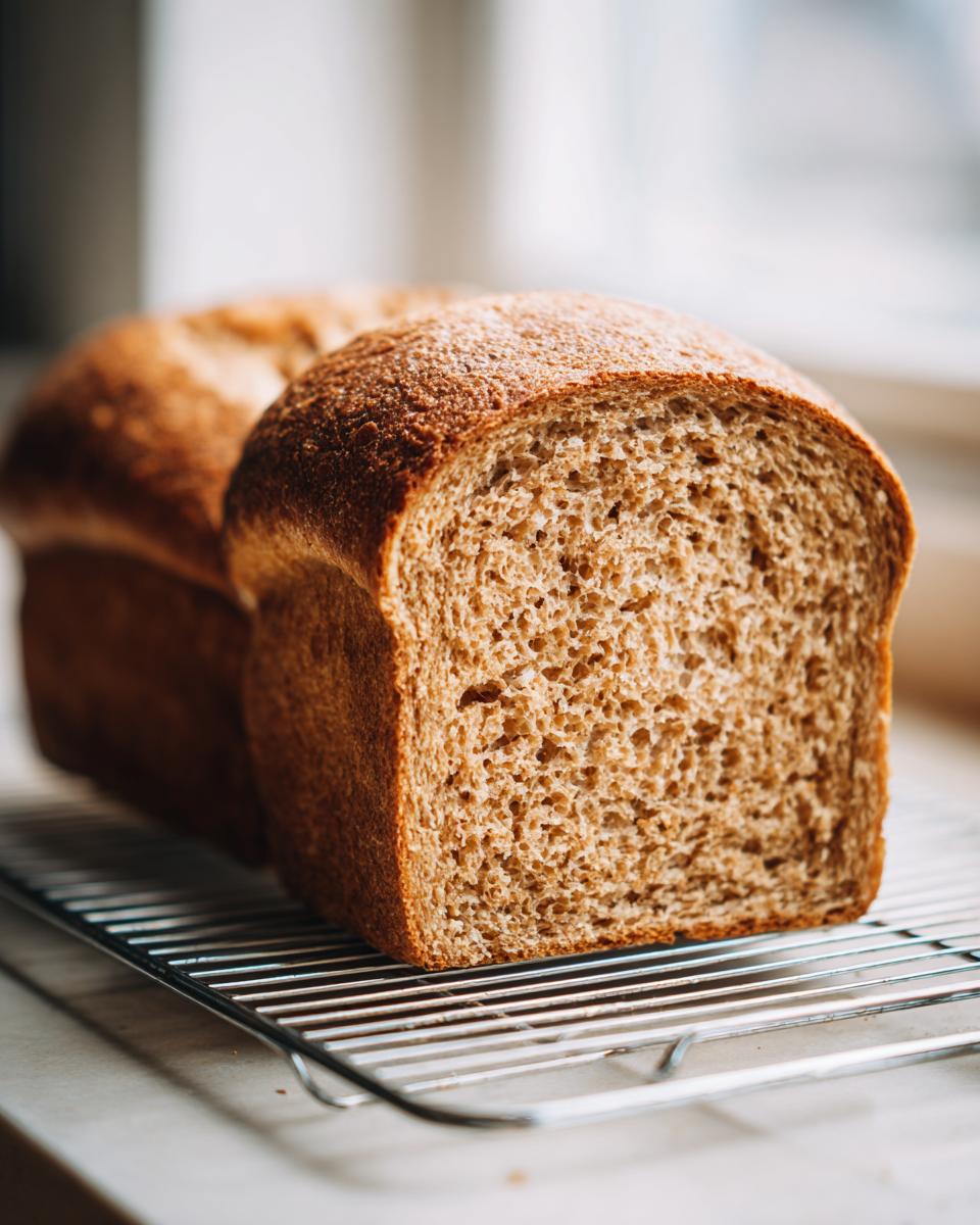 Close-up of a freshly baked whole wheat bread loaf, showing the soft crumb texture, resting on a cooling rack.