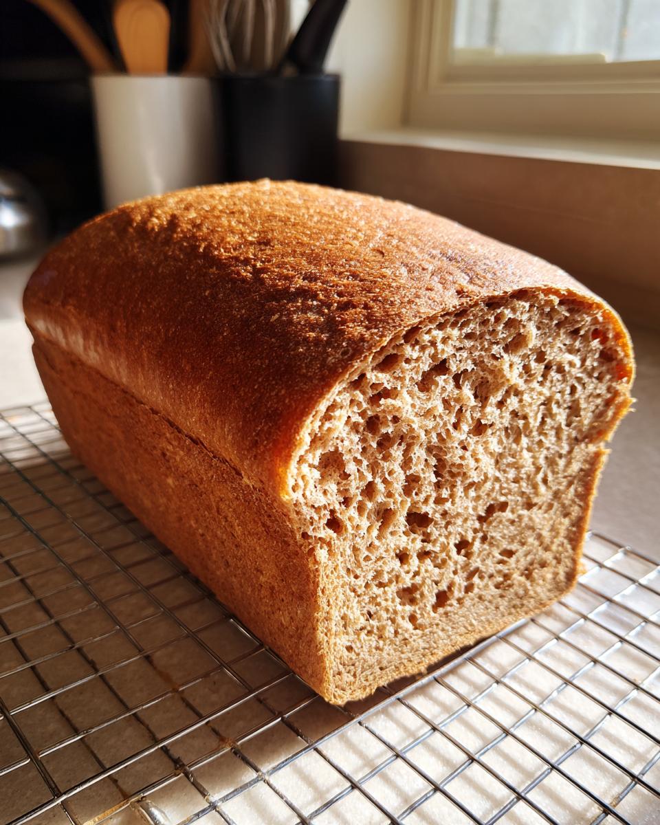 A golden brown loaf of whole wheat bread, sliced open to show the crumb, resting on a wire cooling rack.