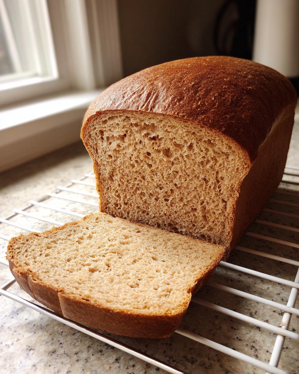A freshly baked loaf of whole wheat bread, partially sliced, resting on a white cooling rack near a window.