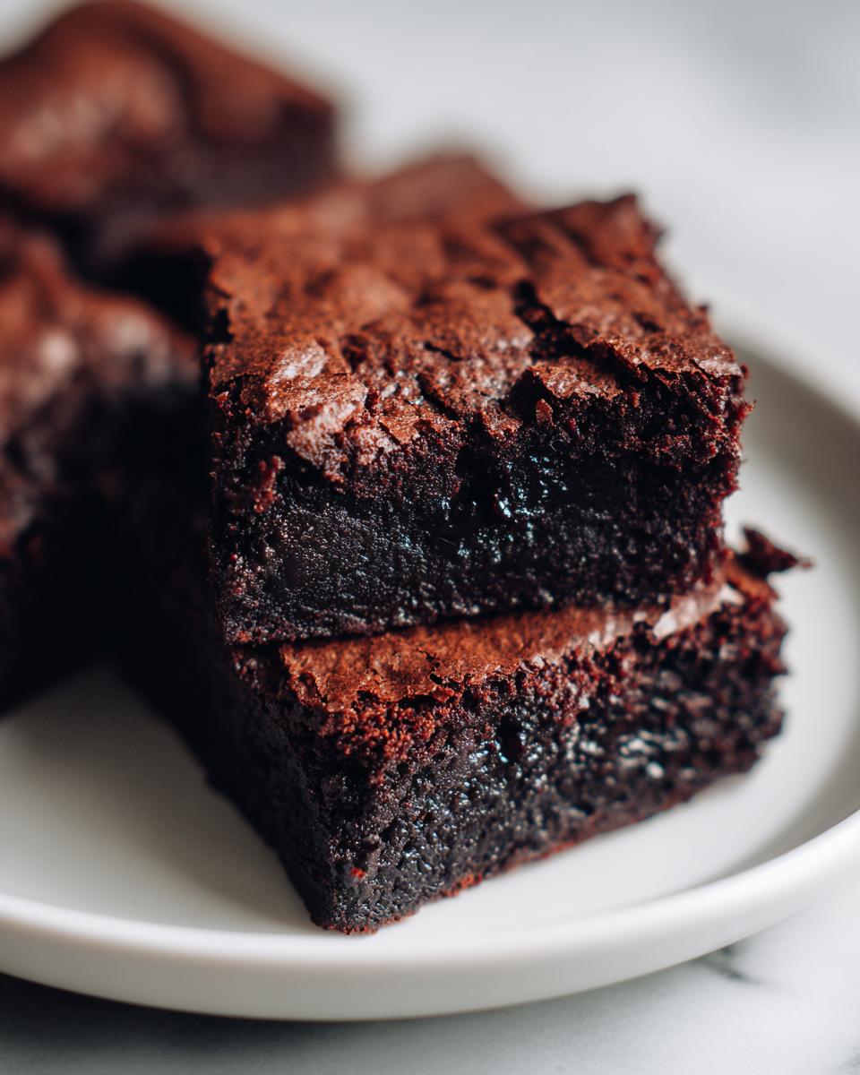 Close-up of two fudgy date brownies stacked on a white plate, showing a shiny, cracked top.