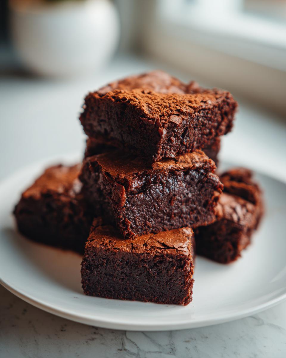 A stack of rich, fudgy date brownies dusted with cocoa powder on a white plate.