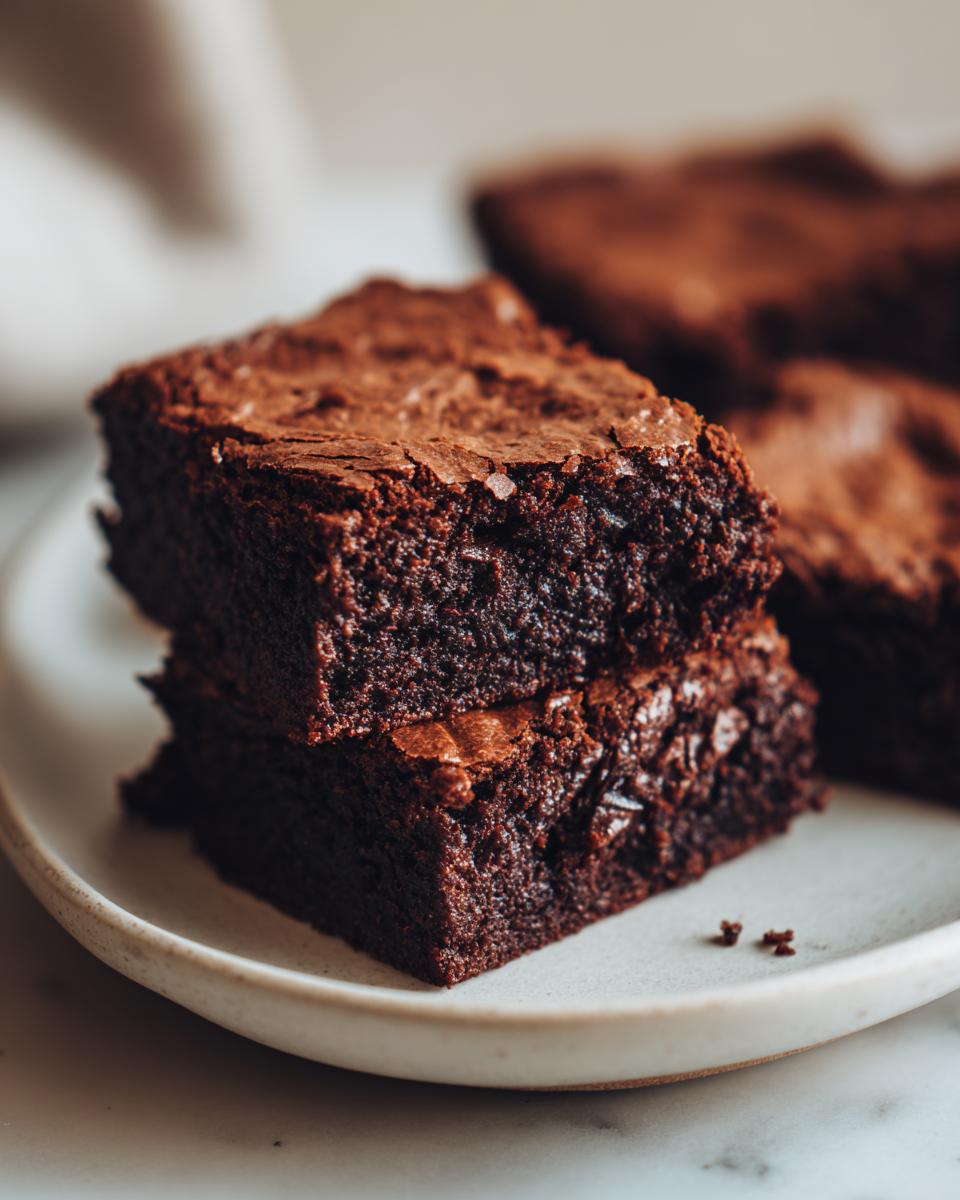 Two fudgy date brownies stacked on a light ceramic plate, showing a rich, dark chocolate interior.
