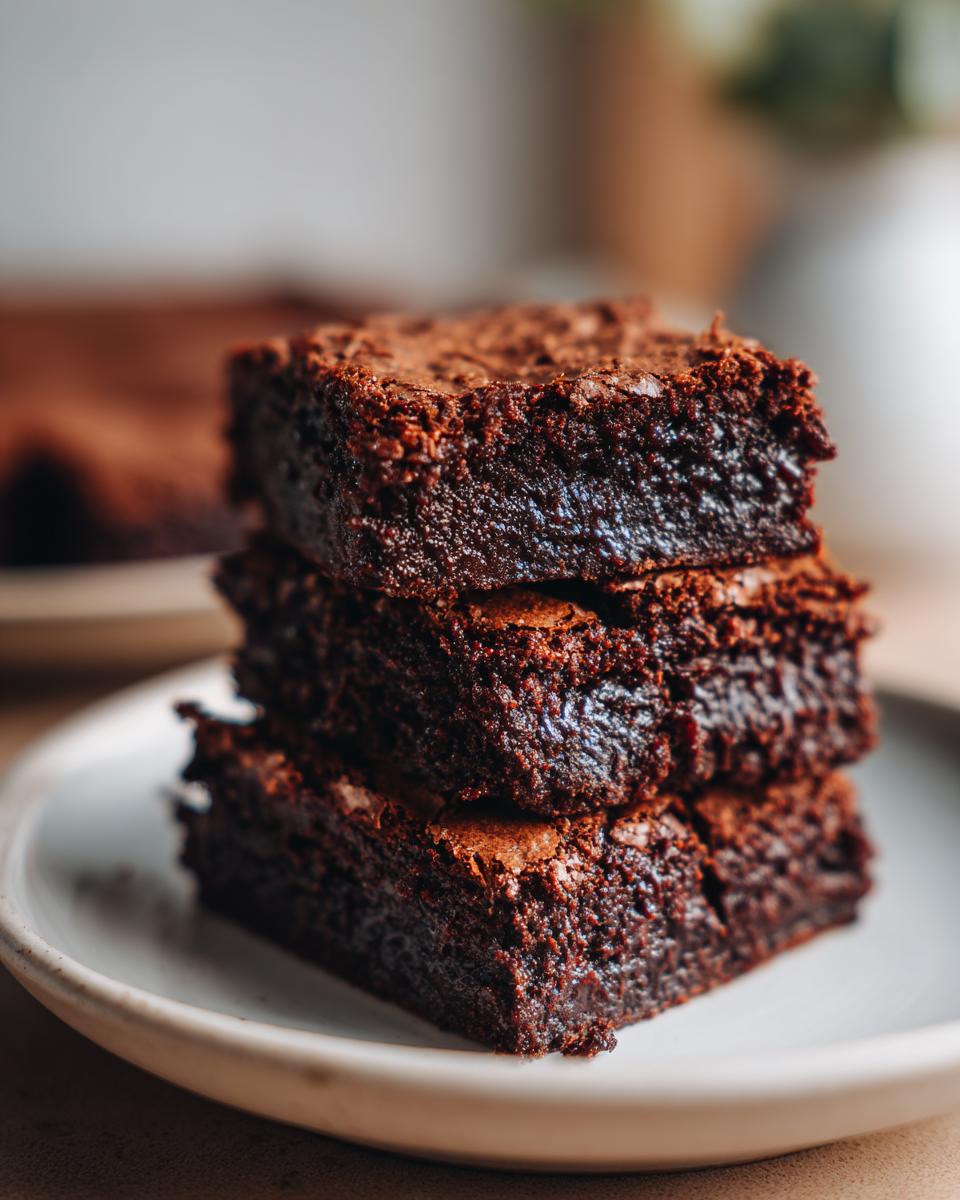 A stack of three intensely fudgy date brownies with crackly tops resting on a light plate.