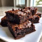 Close-up of several fudgy sweet potato brownies stacked on a white plate, topped with chocolate chips.