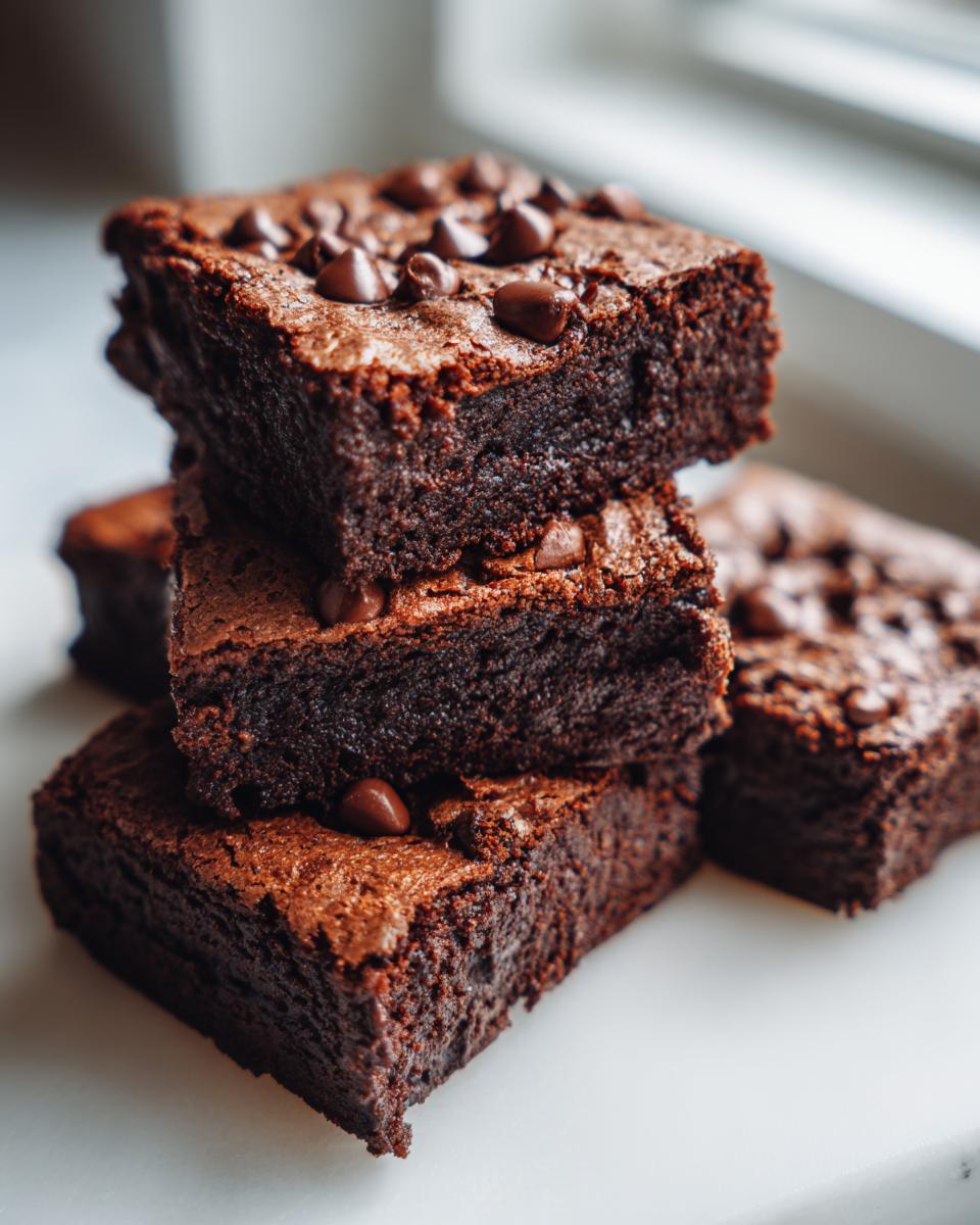 A close-up stack of fudgy sweet potato brownies topped with melted chocolate chips on a white surface.