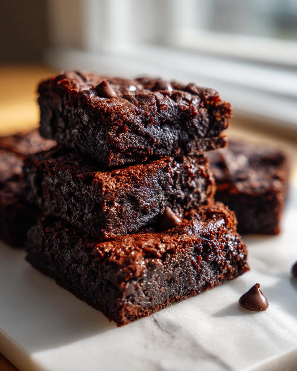 A stack of three fudgy sweet potato brownies topped with chocolate chips, resting on white parchment paper.