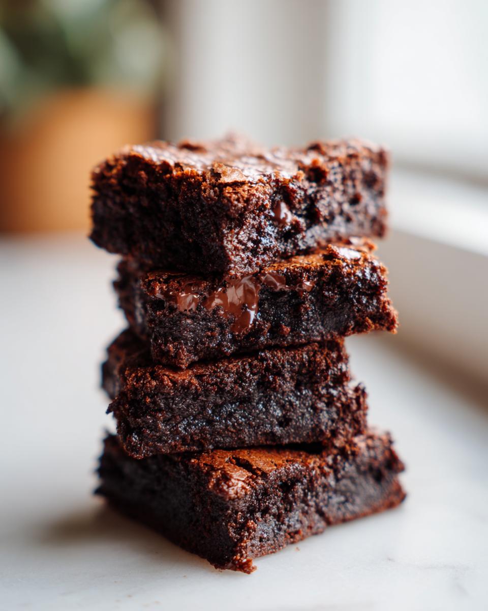 A stack of four fudgy sweet potato brownies showing melted chocolate oozing out between the layers.