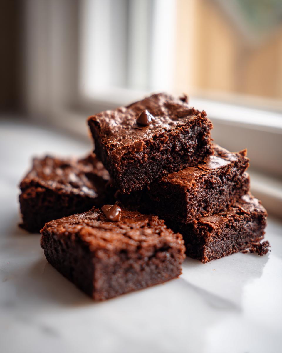 A stack of rich, fudgy sweet potato brownies, each topped with a single chocolate chip, sitting on a white surface.
