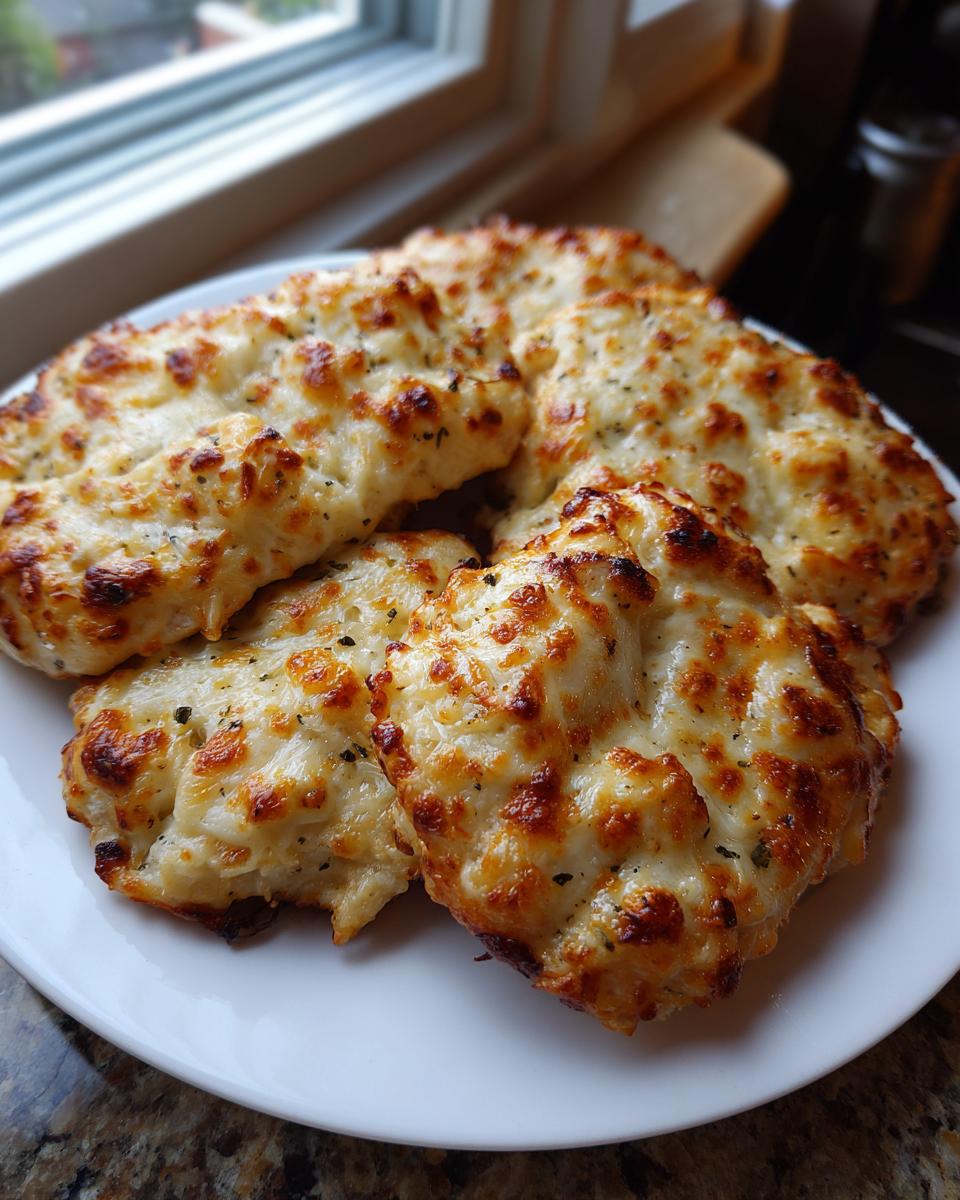 Four portions of golden brown Garlic parmesan chicken bake topped with melted, bubbly cheese.