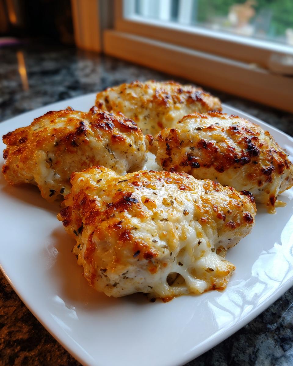 Four golden-brown pieces of Garlic parmesan chicken bake topped with melted, bubbly cheese on a white plate.