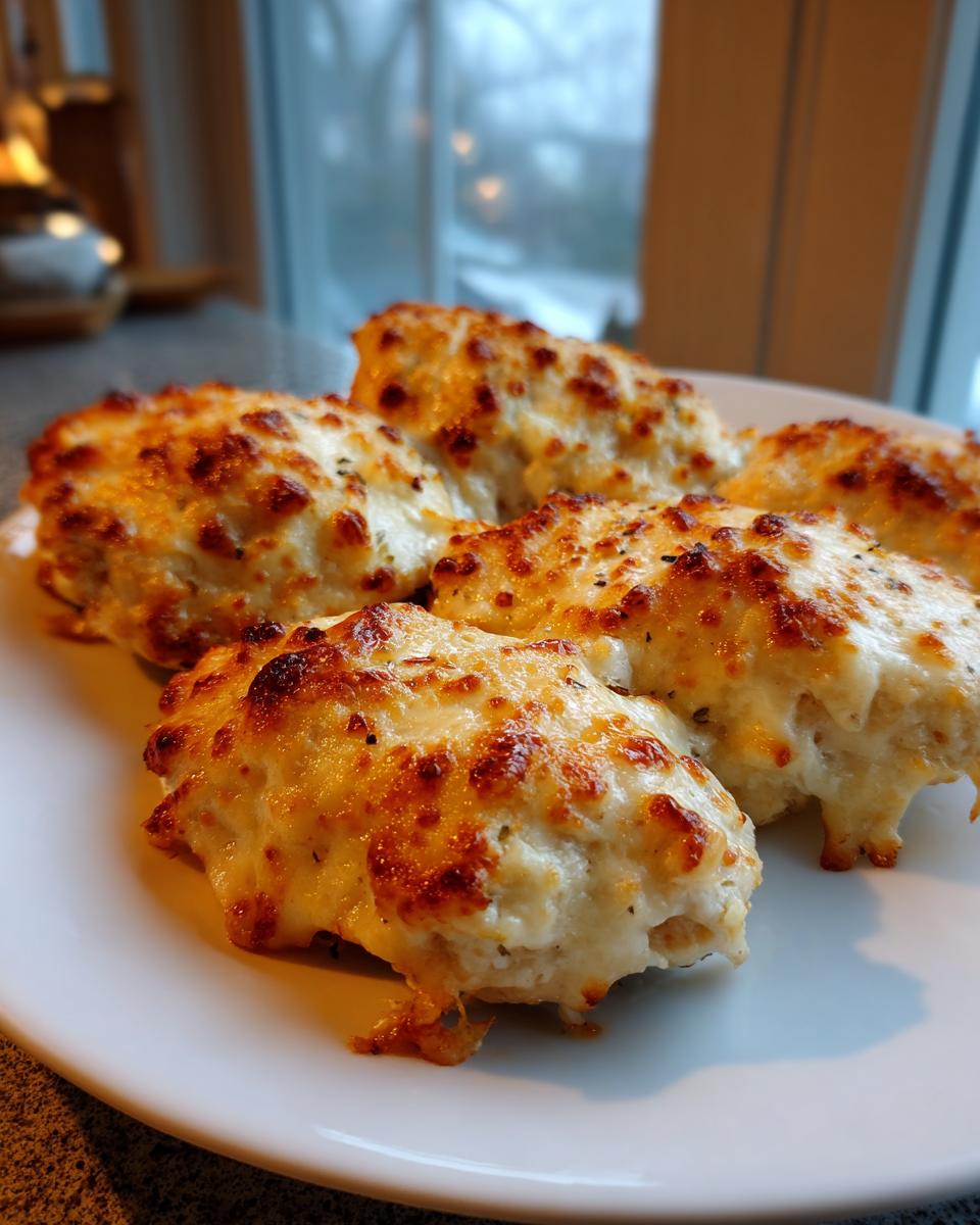 Five portions of Garlic parmesan chicken bake with a bubbly, browned cheese topping on a white plate.