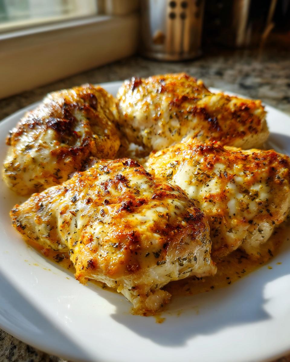 Four golden-brown, cheesy portions of Garlic parmesan chicken bake served on a white plate.