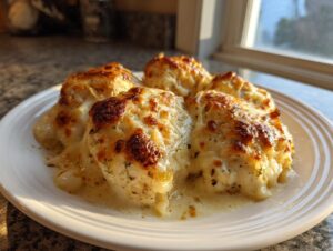Four servings of Garlic parmesan chicken bake covered in bubbly, browned, melted cheese sauce on a white plate.