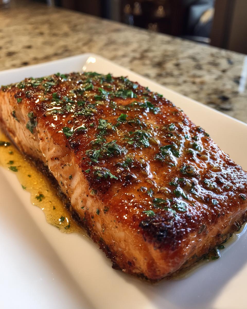 A perfectly cooked fillet of air fryer salmon with a glossy, caramelized glaze and fresh parsley.