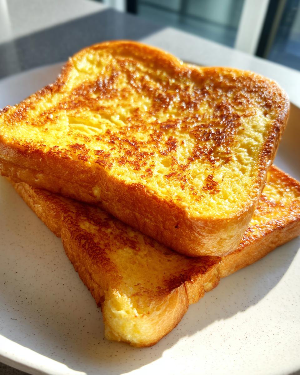 Close-up of two golden brown slices of easy french toast stacked on a light speckled plate.