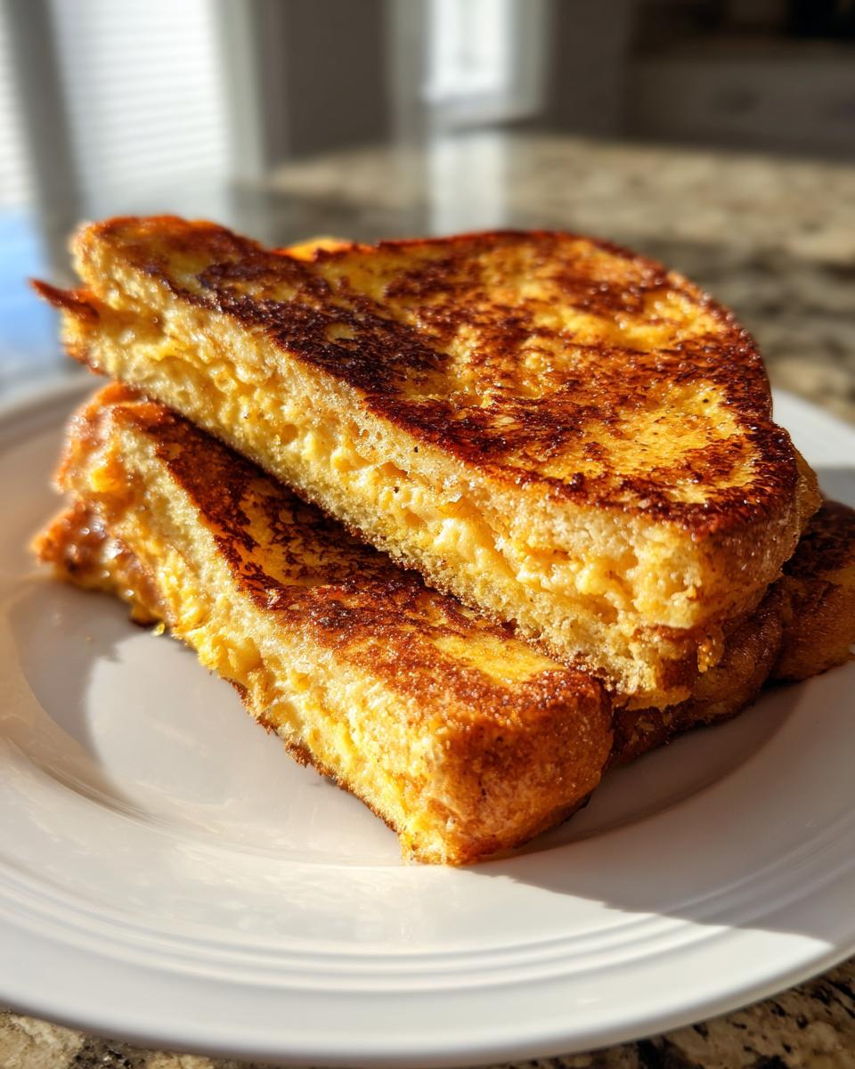 Close-up of stacked, golden brown slices of easy french toast on a white plate, beautifully browned.