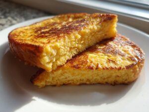 Two golden brown slices of easy french toast stacked on a white plate, showing the fluffy interior.