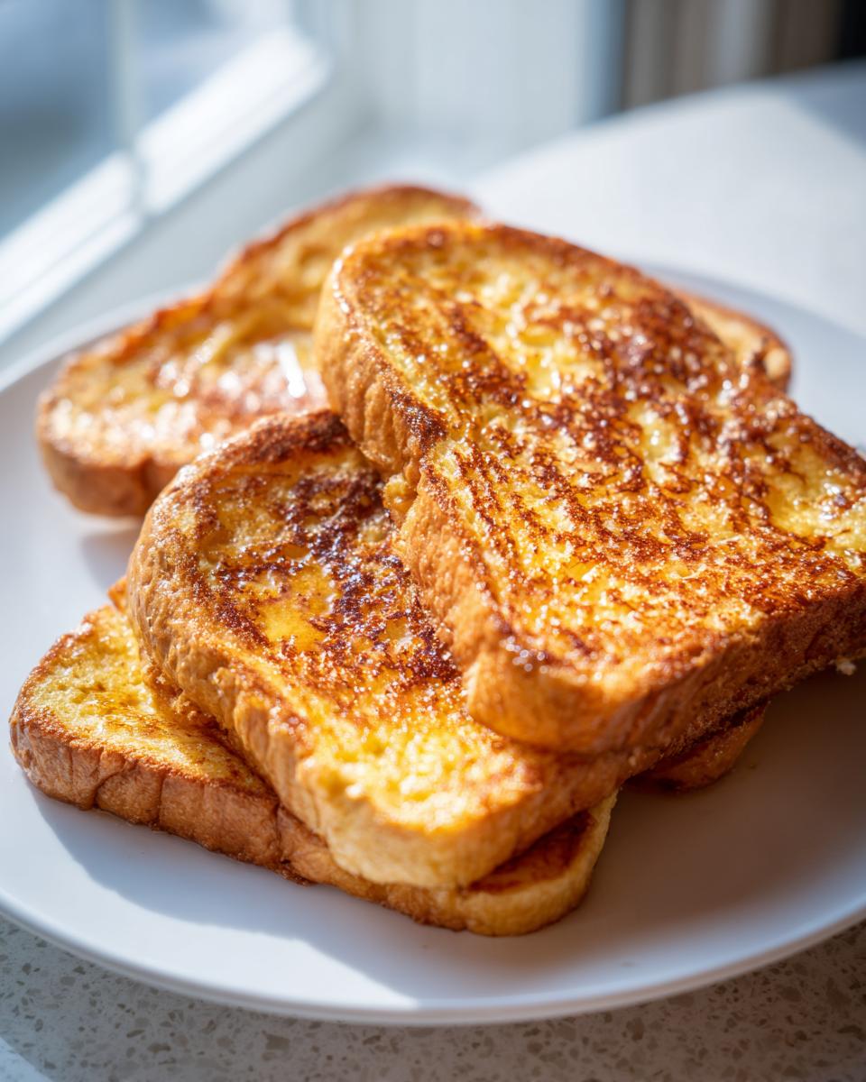 Close-up of golden brown slices of easy french toast stacked on a white plate, glistening with syrup.