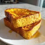 Two thick slices of golden brown easy french toast stacked on a white plate with maple syrup pooling underneath.
