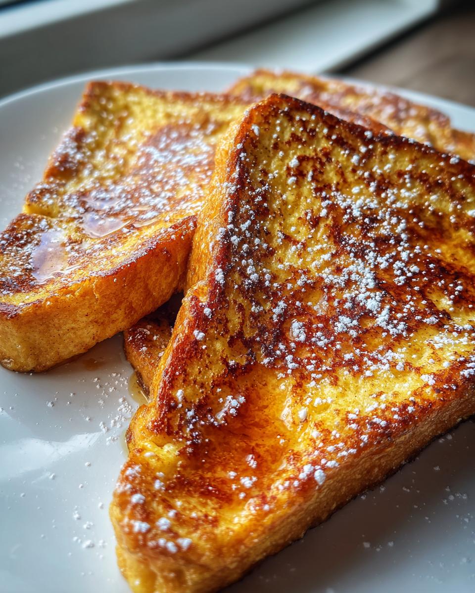 Close-up of golden brown french toast slices dusted with powdered sugar and drizzled with syrup.
