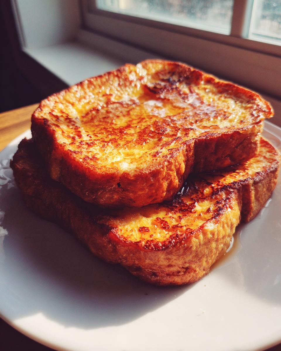 Two thick slices of golden brown french toast stacked on a white plate, drizzled with syrup.