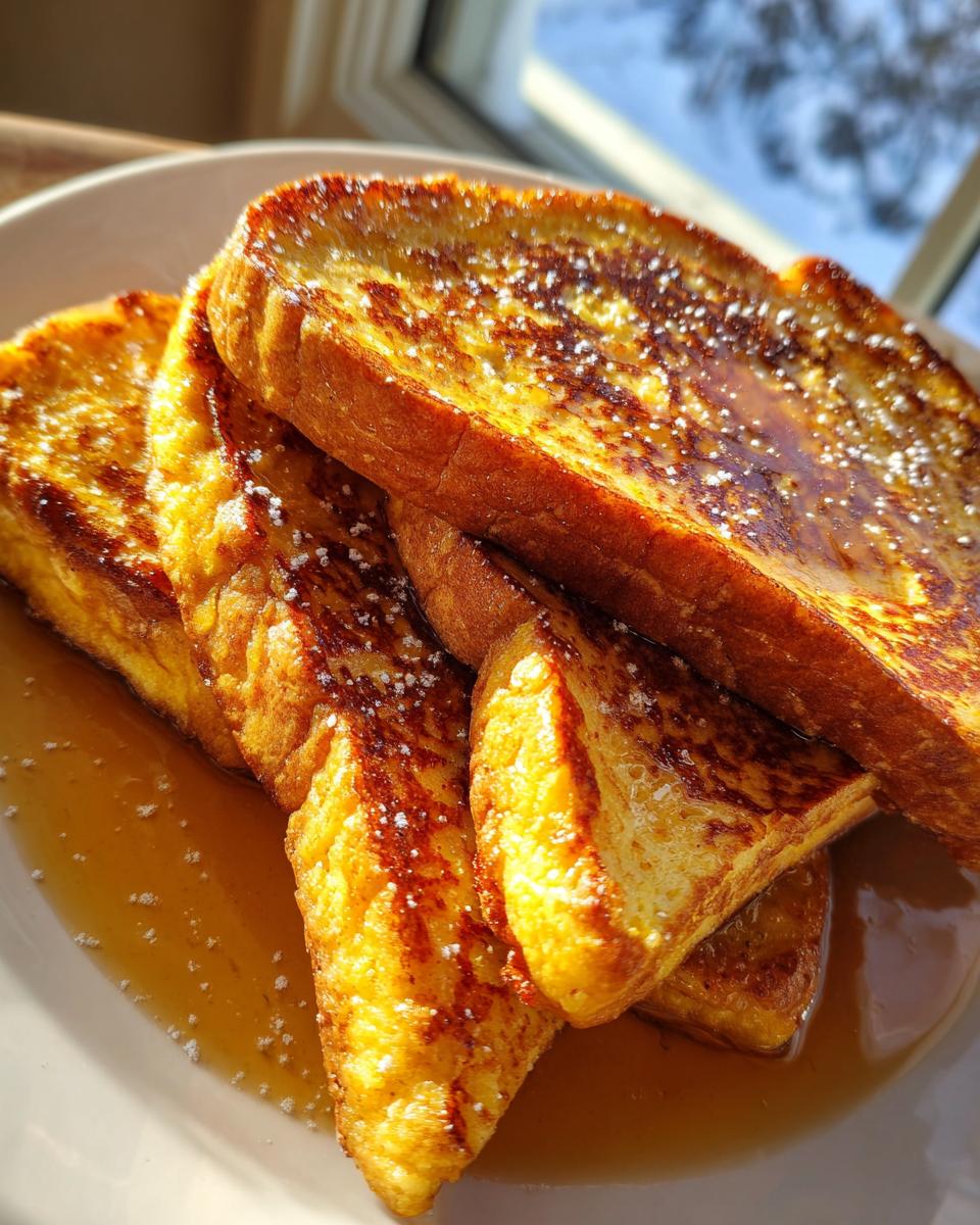 Close-up of thick-cut french toast slices drizzled with syrup and dusted with powdered sugar.