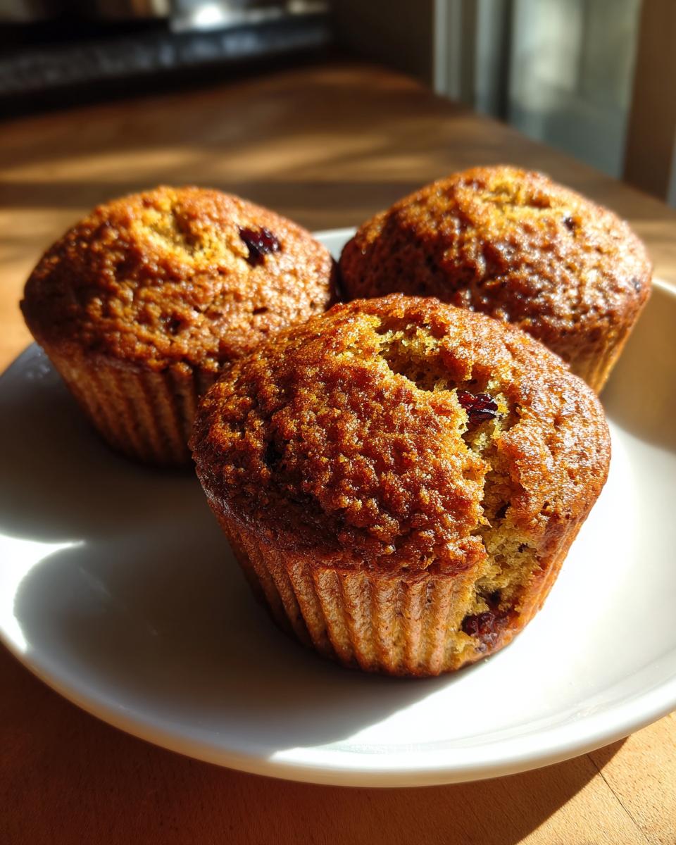 Three freshly baked, golden brown honey bran muffins resting on a white plate, one slightly broken open.
