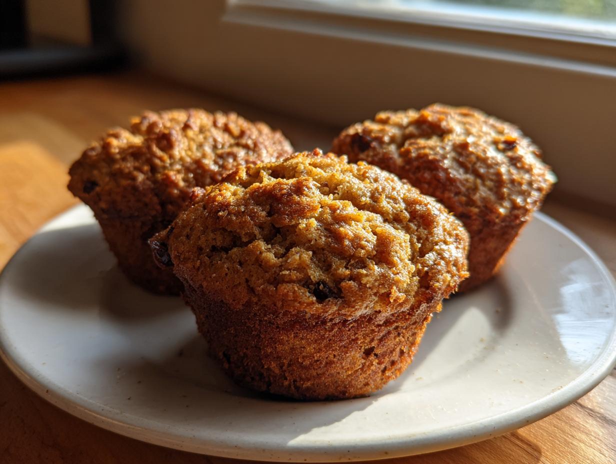 Three freshly baked honey bran muffins with golden, textured tops sitting on a light-colored plate near a window.