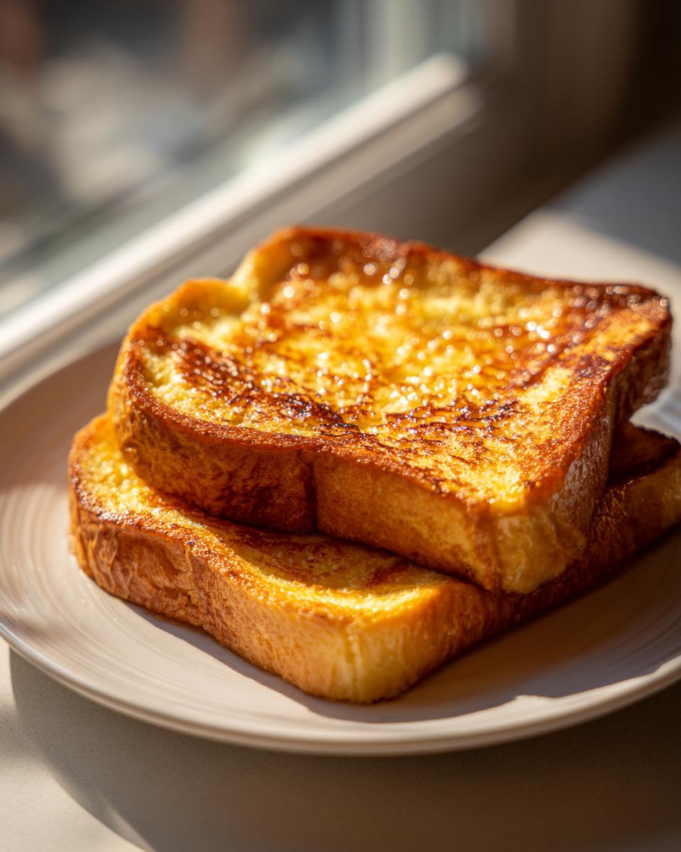 Two slices of golden brown, glossy french toast stacked on a light plate near a window.