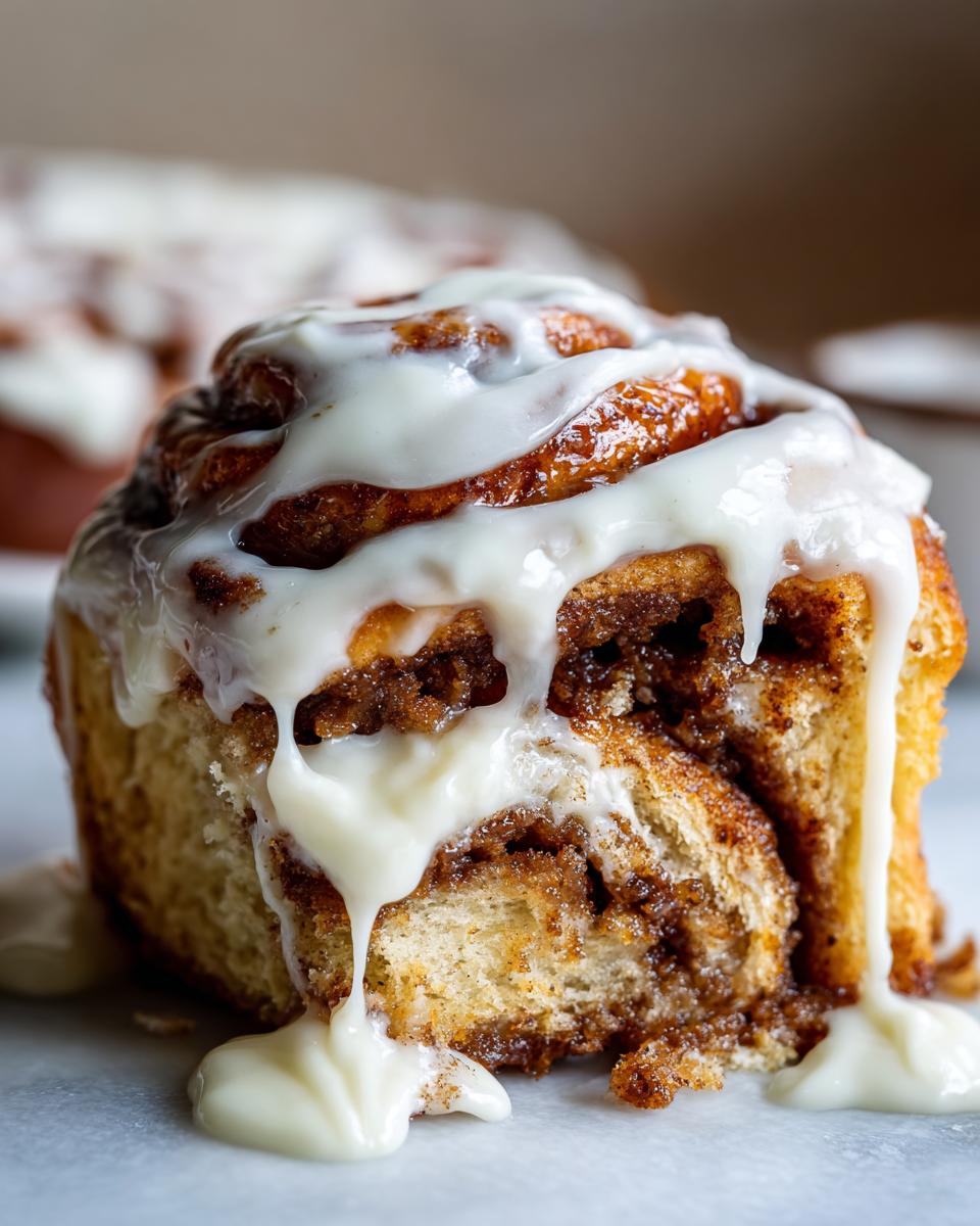 A close-up of a freshly baked, soft cinnamon roll generously topped with dripping white cream cheese frosting.