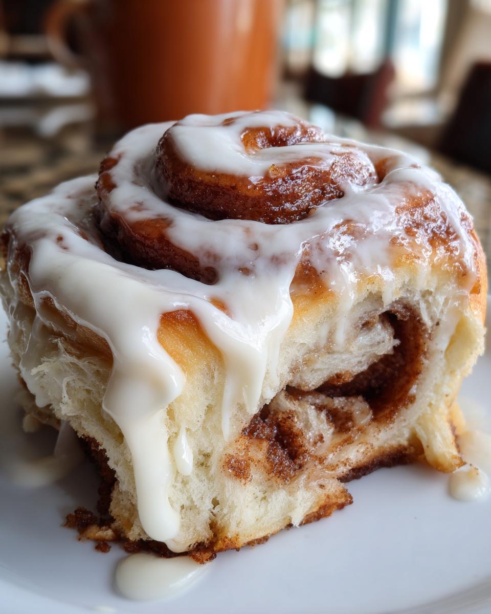 A close-up of a soft, freshly baked cinnamon roll half, generously topped with dripping white icing.