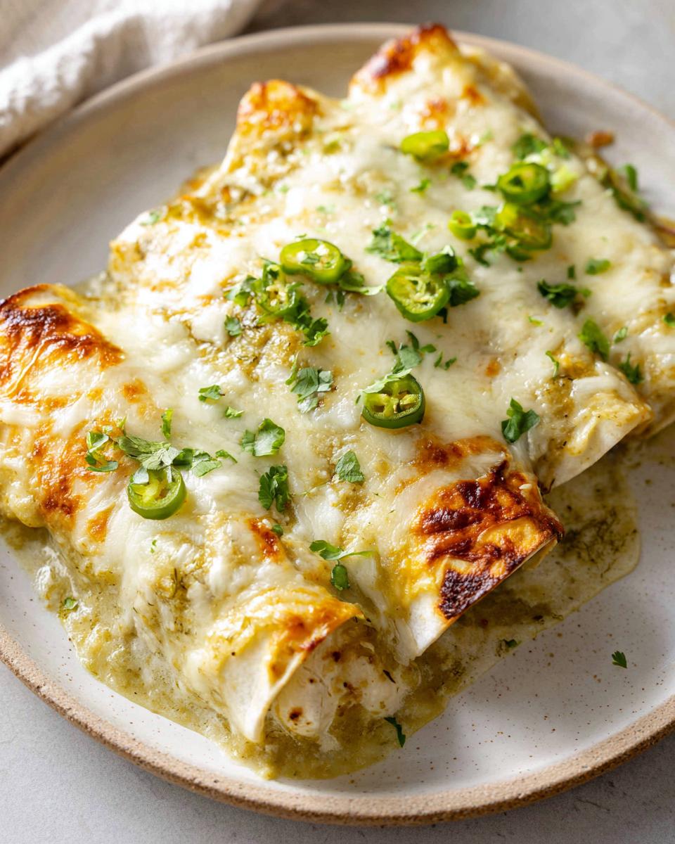 Close-up of baked green chile chicken enchiladas covered in melted, slightly browned cheese and sliced jalapeños.