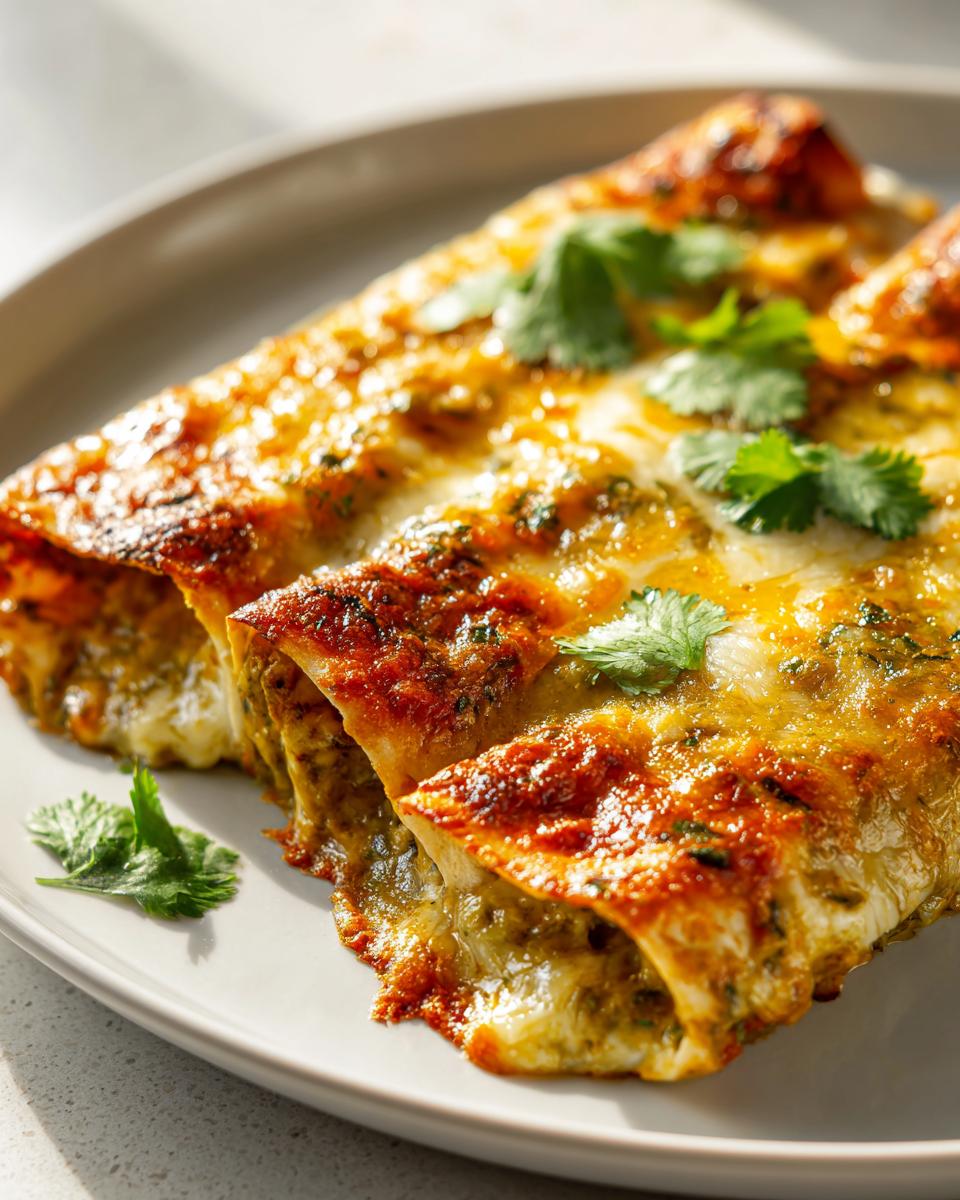 Close-up of cheesy, baked green chile chicken enchiladas topped with fresh cilantro.