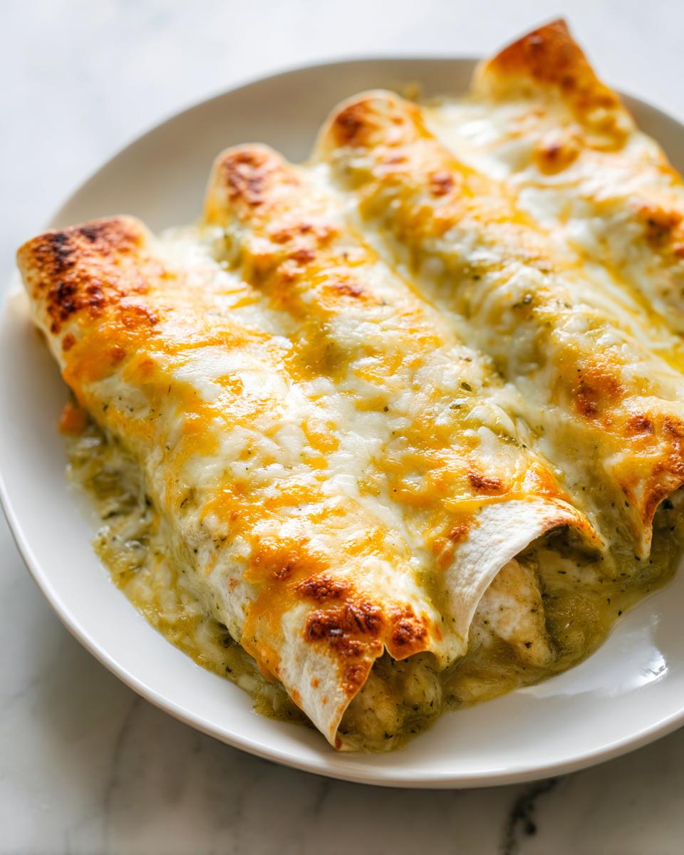 Close-up of three baked green chile chicken enchiladas covered in melted, bubbly white and orange cheese.